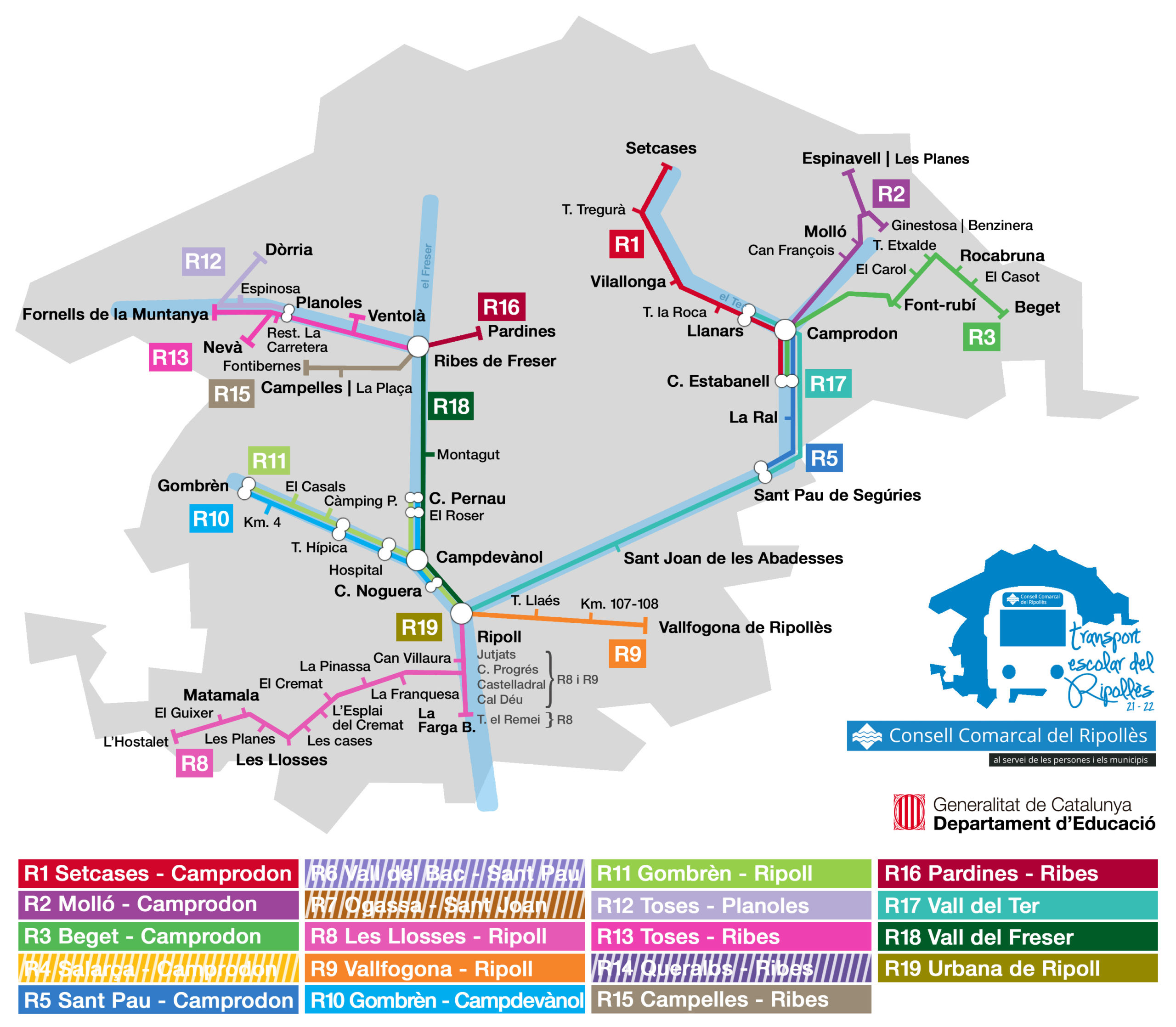 Plànol de línies del transport escolar del Ripollès del curs 2021-2022