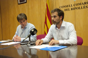 Xavier Guitart i Joaquim Colomer, durant la roda de premsa de presentació del projecte dels Plans de sostenibilitat turística en destinacions