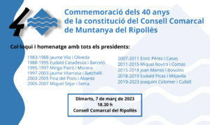 El 7 de març de 2023, a les 18.30 h, acte commemoratiu dels 40 anys de la constitució del Consell Comarcal de Muntanya del Ripollès